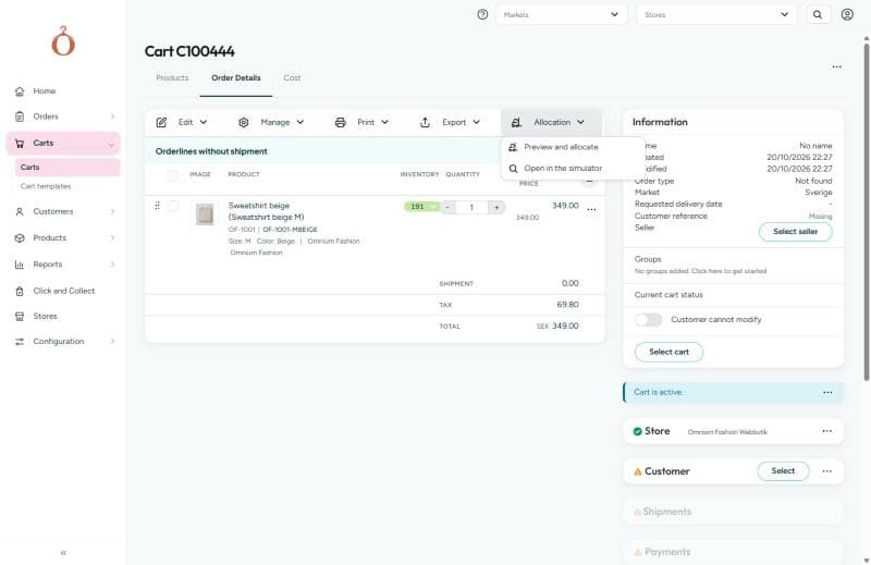 The Allocation menu on a cart's Order Details tab, with Preview and allocate and Open in the simulator