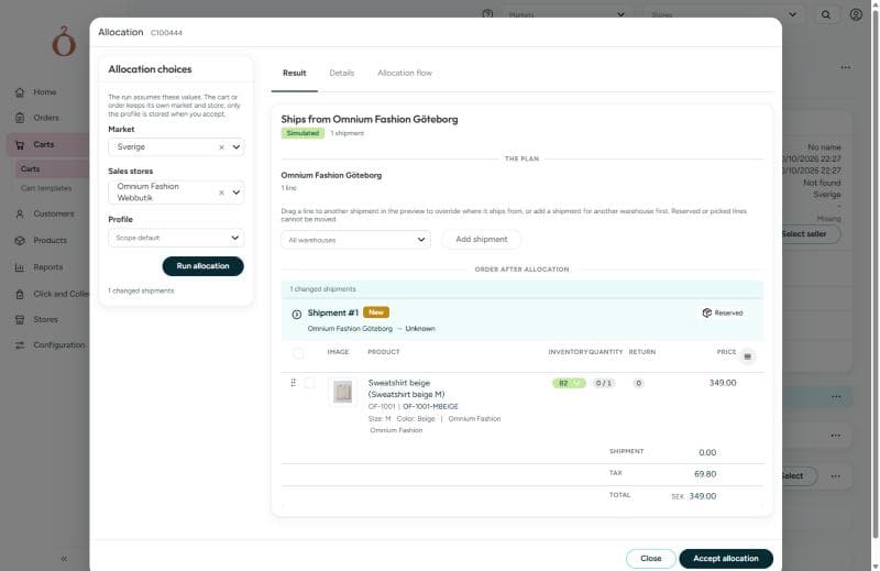 The allocation dialog for a cart: Allocation choices on the left, and the plan with Order after allocation on the right