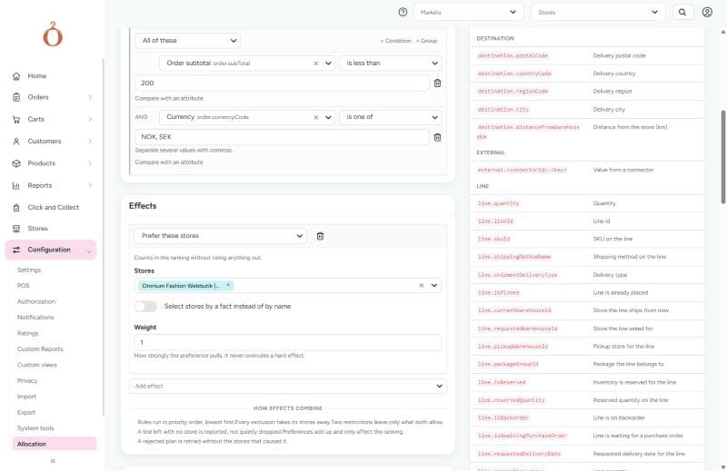 The Condition and Effects sections: order subtotal is less than 200 and currency is one of NOK, SEK; prefer the store Omnium Fashion Webbutik with weight 1