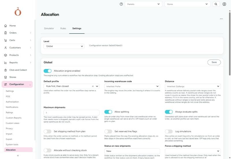 The Settings tab at the Global level: Allocation engine enabled, Default profile, Incoming warehouse code, Distance, and the splitting settings